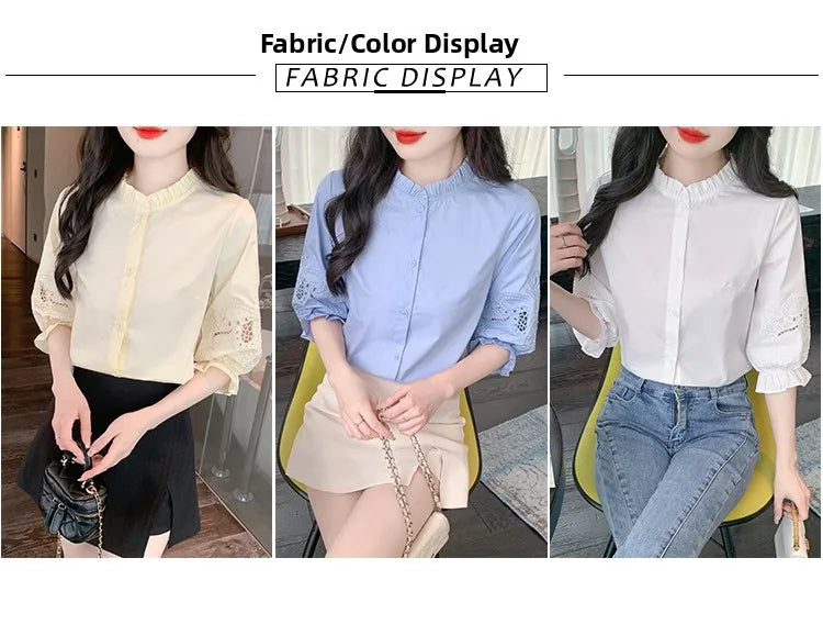 Ele Embroidered ort Sve irt Women's Summer New Design Korean Sle Commute Lantern Sve White irt for Ladies