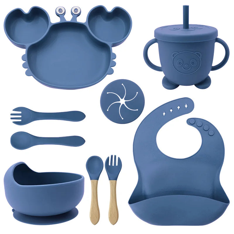 Baby Feeding Set 9PCS Silicone Crab Bowl Plate Spoon Fork Toddler Tableware Kids Dish Infant Utensils