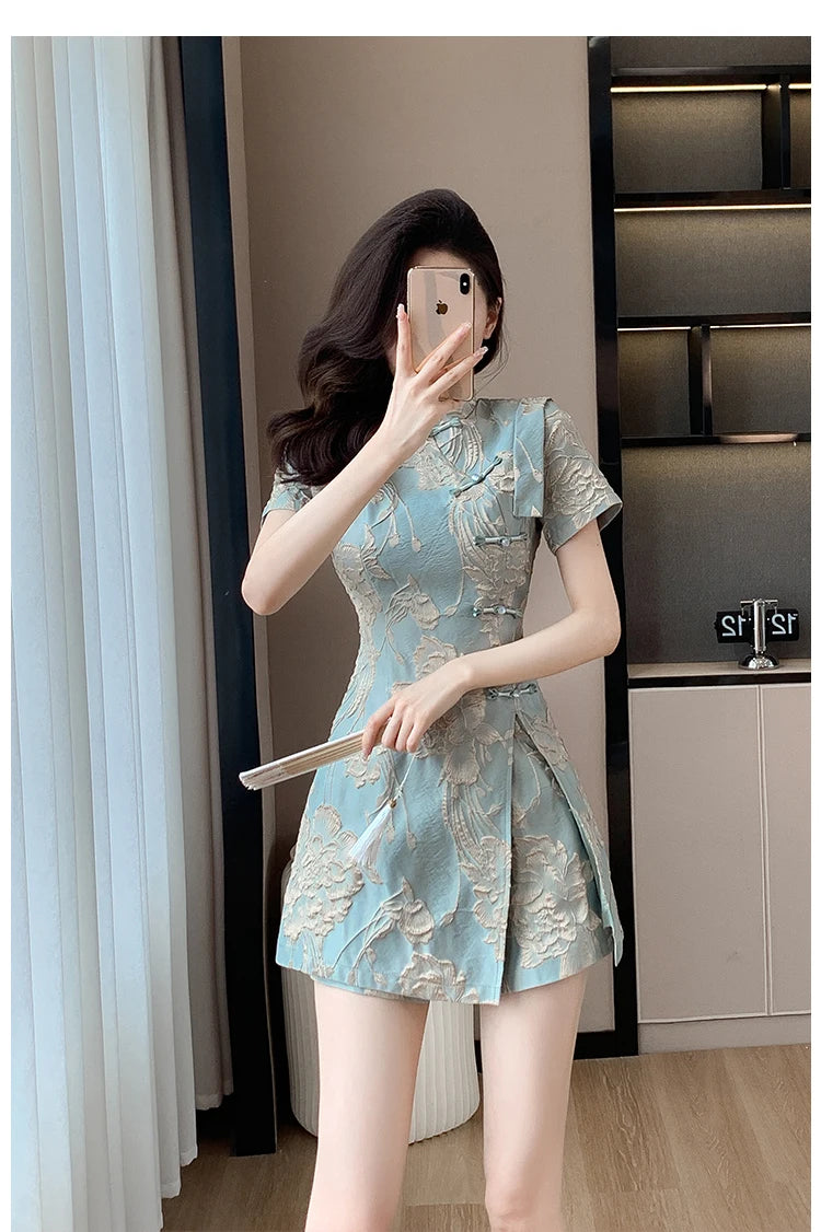 Faionable  Outfit Stand Collar Side Button Mid-Length irt orts Two-Piece Set New 2025 Versatile Nylon Material