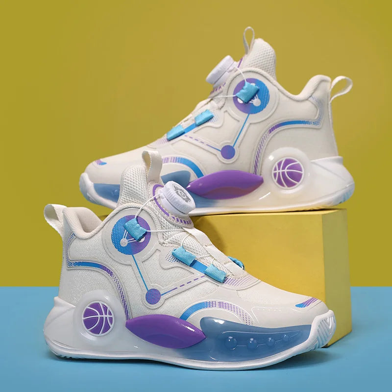 Children Basketball Shoes Boys Sports Comfortable Non Slip Flat Fitness Shoes  New Rotating Button Sports Sneakers for Kids