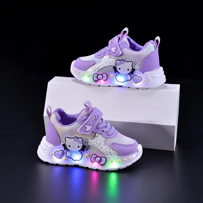 Hello Kitty Led Casual Sneakers for Summer Girls Print Mesh Breathable Shoes Children Lighted Non-Slip Cute Outdoors Sport Shoes