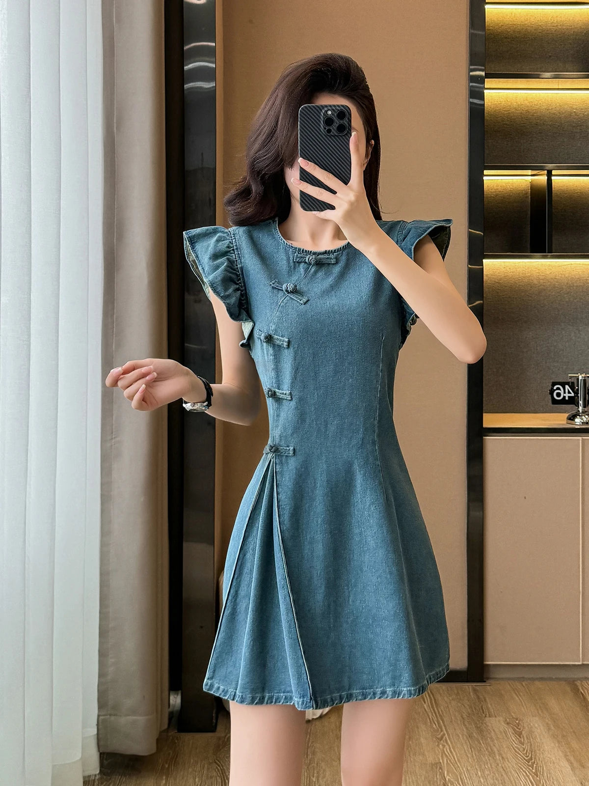 Women's ort Denim Dr A-Line Waist Cinching round Ne Button Sle High Waist Slimming Spring Summer Cotton Blend