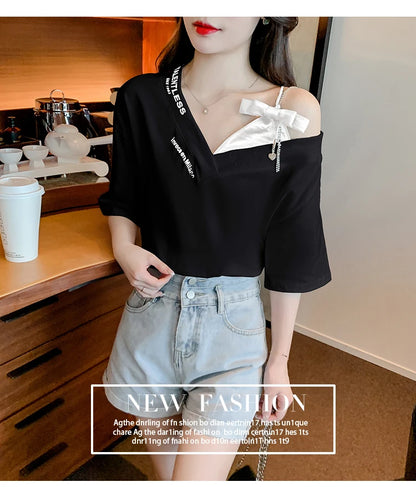 Unique Design oulder Bared ort Sve V-Ne Loose T-irt for Women  Knot Print Splice Asymmetrical Korean Sle