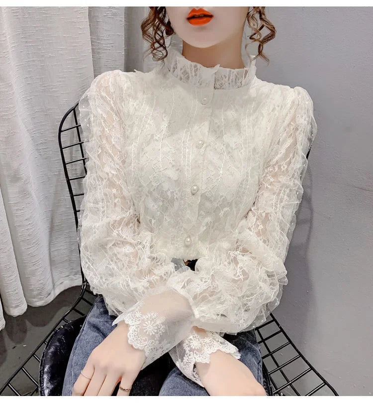 Blouse Women Shirt Lace Long Sleeve Women's Clothing Spring Lantern Sleeve Stand Collar Cardigan Top Blusas Mujer De Moda