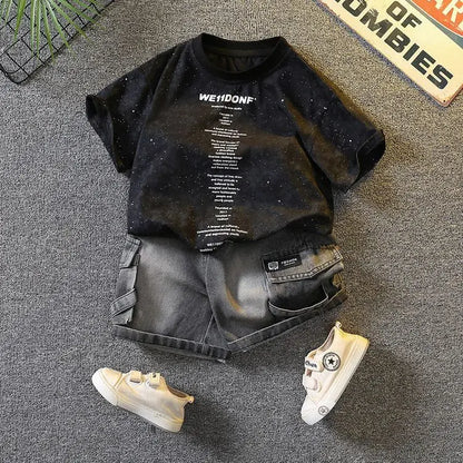 Baby Boys Summer Clothes Fashion Crew Neck Children Tracksuit Letter Printed T-shirt Denim Shorts 2pcs Suit Kids Outfit 2-11Y