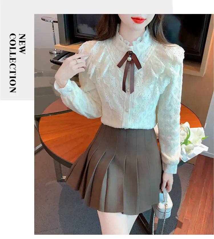 Women's Fce Lined Lace Blouse Thiened Autumn Winter Faion Inner Wear  Knot irt Stand Collar Regular Fit