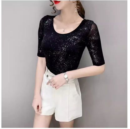 Summer Lady Mesh Tops Round Neck Short sleeved Bright Silk Tees Korean Fashion Black T shirt Women
