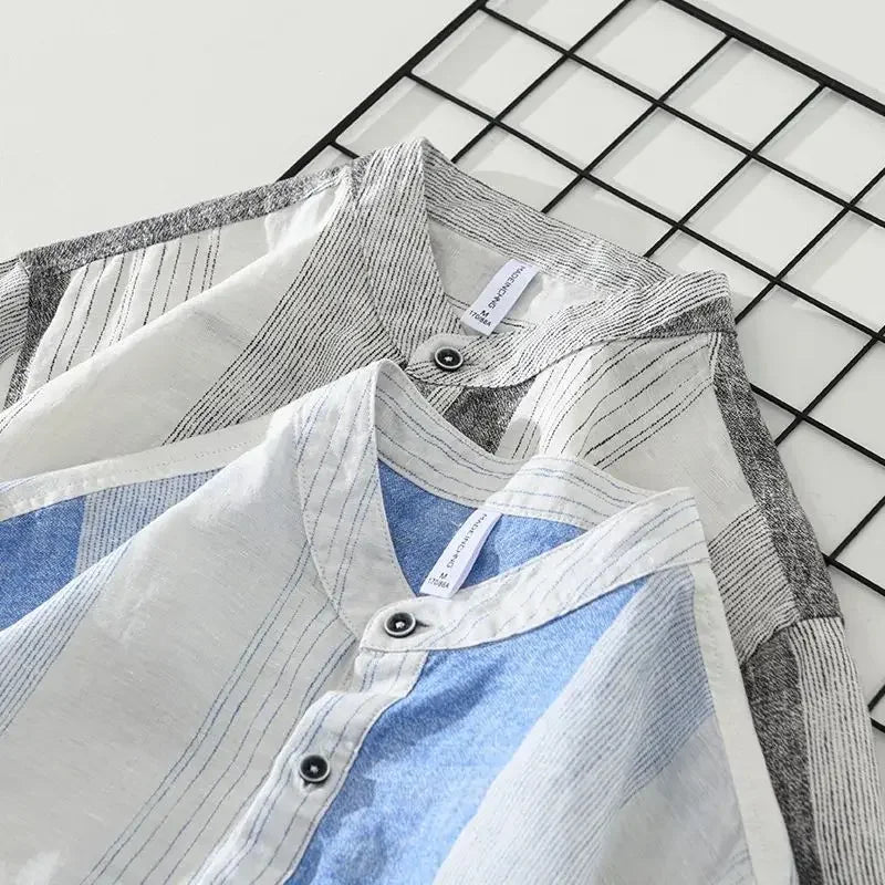 Fashion Stand Collar Printed Spliced Striped Shirts Men's Clothing 2025 Summer New Loose Short Sleeve Casual Tops Vintage Shirts(Available)
