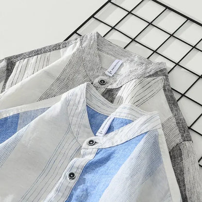 Fashion Stand Collar Printed Spliced Striped Shirts Men's Clothing 2025 Summer New Loose Short Sleeve Casual Tops Vintage Shirts(Available)