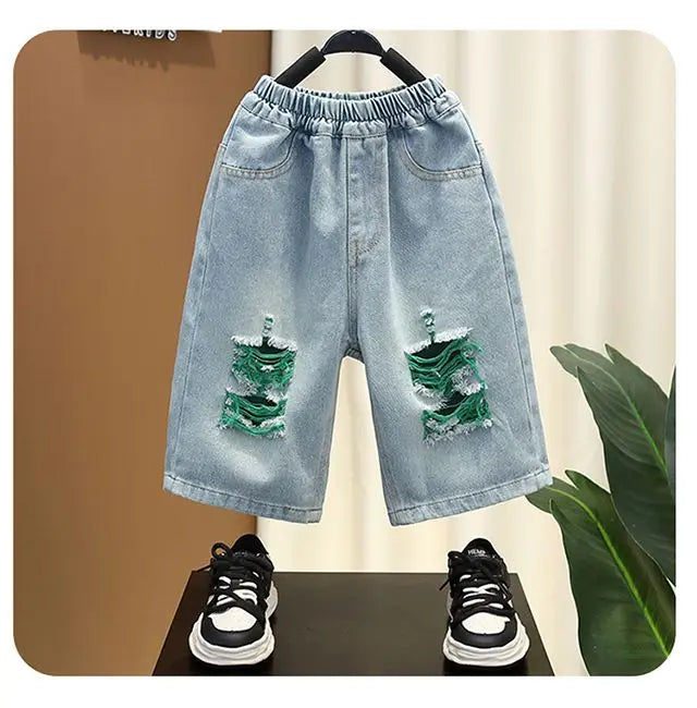 New Children's Printed Thin T-shirt+ hole Denim Shorts Teenager Boys Summer Fashion outfits