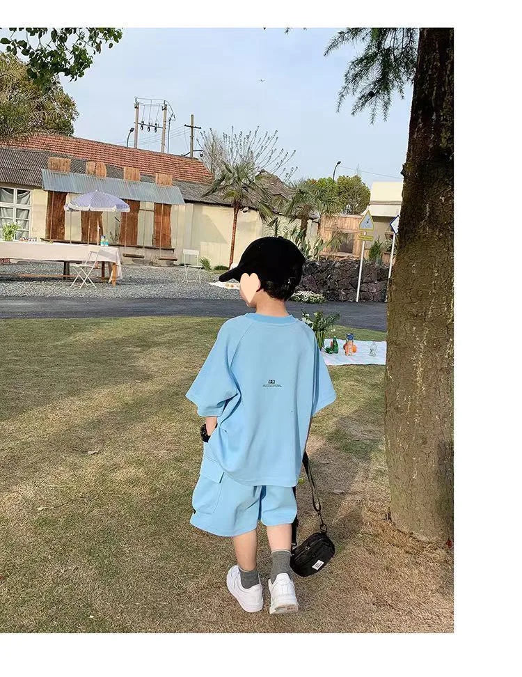 Summer Casual Boys Cotton Loose Alphabet T-shirt Tops+Short Pants Set School Kids Tracksuit Children 2-Piece Outfit Suit 2-14Yrs