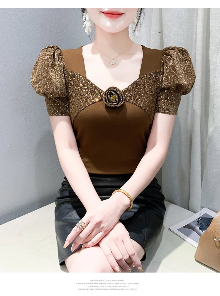 Women's Chic Youthful Square Neck Puff Sleeve T-Shirt Shimmery Floral Summer Blouse  Slim Fit Trendy Top