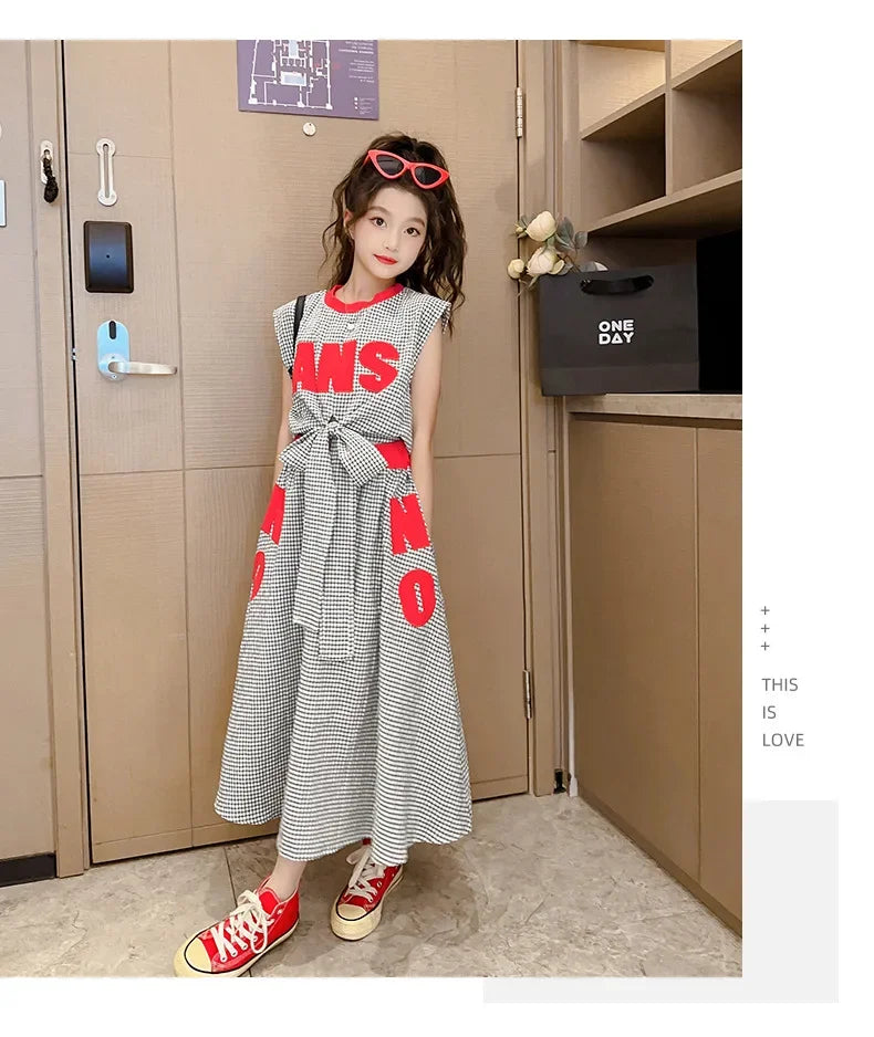 Girls Clothes Summer Kids Fashion Letter Vest + Skirt 2pcs Set Children Clothing Suit Teen Girl Plaid Bowknot Sleeveless Outfits