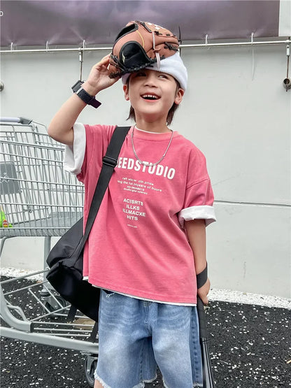 Pure Cotton Children's Short Sleeved Simple Trendy Letters Faded and Worn Half Sleeved T-shirts Boys Girls Stylish