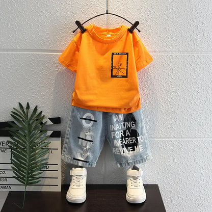 New Boys Sleeveless Vest Denim Shorts 2PC Sets Outdoor Festival Clothing Vintage Print Kids Miracle Design 2-10 Years White Tops