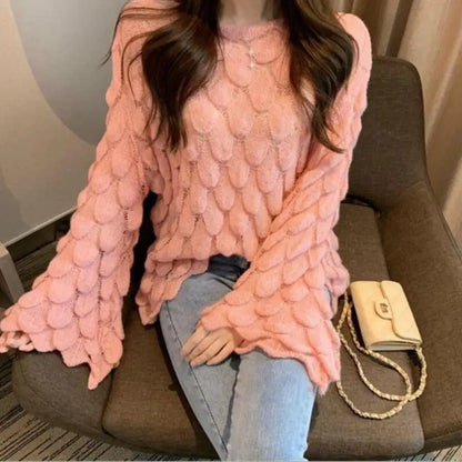 Hot 2026 Autumn Winter New European American Women's Fashion Hollow Loose Knitted Sweater Round Neck Trumpet Sleeve Head Sweater