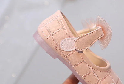 Korean Style Kids Solid Color Embroidered Leather Shoes Girls Big Bow Mesh Flower Princess Flat Dance Shoes