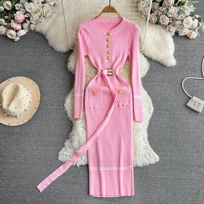 Women Dress 2025 Autumn Winter Elegant Rib Knit Long Pencil Dress with Belt Office Lady Bodycon Sweater Dress Vestidos