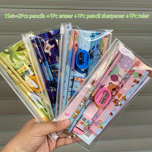 Animal Themed Stationery Set Portable Gift Box, Includes Pencil, Eraser, Pencil Sharpener, Ruler School Supplies Set