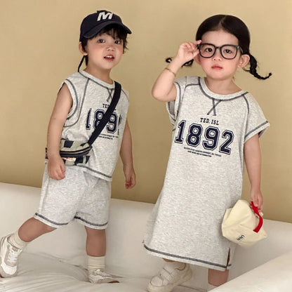 Summer New Children Short Sleeve Clothes Set Boys Letter Print T Shirts 2pcs Suit Girls Vest Dress Kids Brother Sisters Set