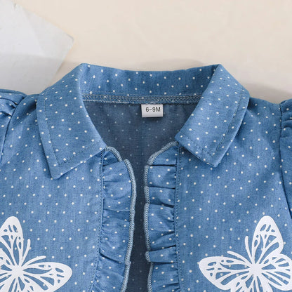 1-4Y Fashion Children Kids Girl 2Pcs Spring Outfit Butterfly Print Short Sleeve Tops+Suspender dress Set Outfit Kid Girl Clothes