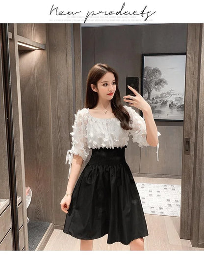 Women Summer French Style Elastic Waist Dress Korean Edition New Splicing Design Slim Half Sleeve Fairy Knee-length Dresses