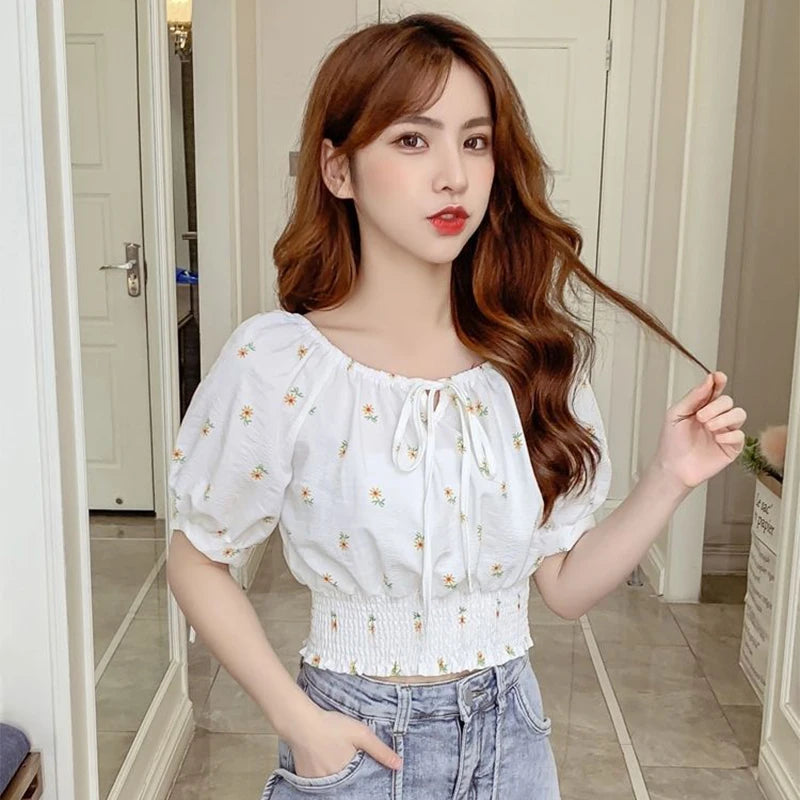 Sweet Broken Flower Women Short Shirts Elegant O-Neck Bow Tie Blouses Korean Fashion Elastic Waist Puff Sleeve Blouses 2025 New