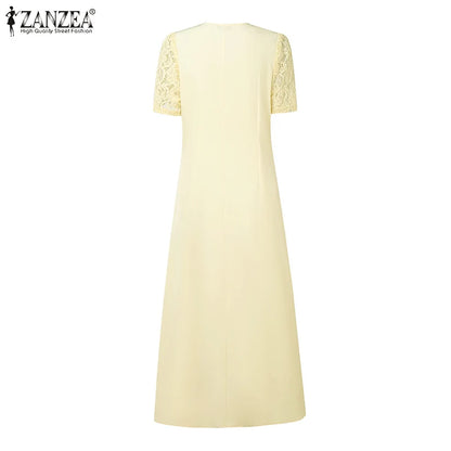 ZANZEA Women Summer Lace Patchwork Dresses 2026 Elegant Party Dress Stylish V Neck Short Sleeve Office Sundress A Line Midi Robe
