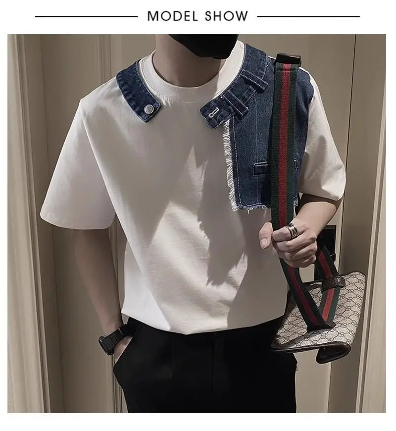 Men Trendy Vintage Denim Patchwork Design Tees Summer Short Sleeve Luxury Chic T Shirt Casual Round Neck Loose Tops Ropa Hombre  ( Available )