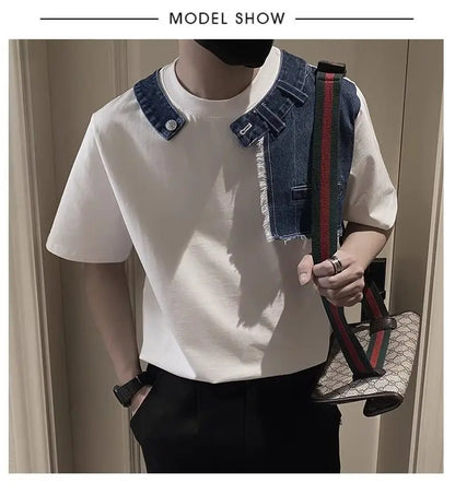 Men Trendy Vintage Denim Patchwork Design Tees Summer Short Sleeve Luxury Chic T Shirt Casual Round Neck Loose Tops Ropa Hombre  ( Available )