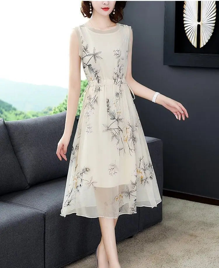Summer New Elegant Fashion Printing Tank Dress Ladies Sleeveless Holiday Casual Robe Women Drawstring Waist A-line Midi Vestidos