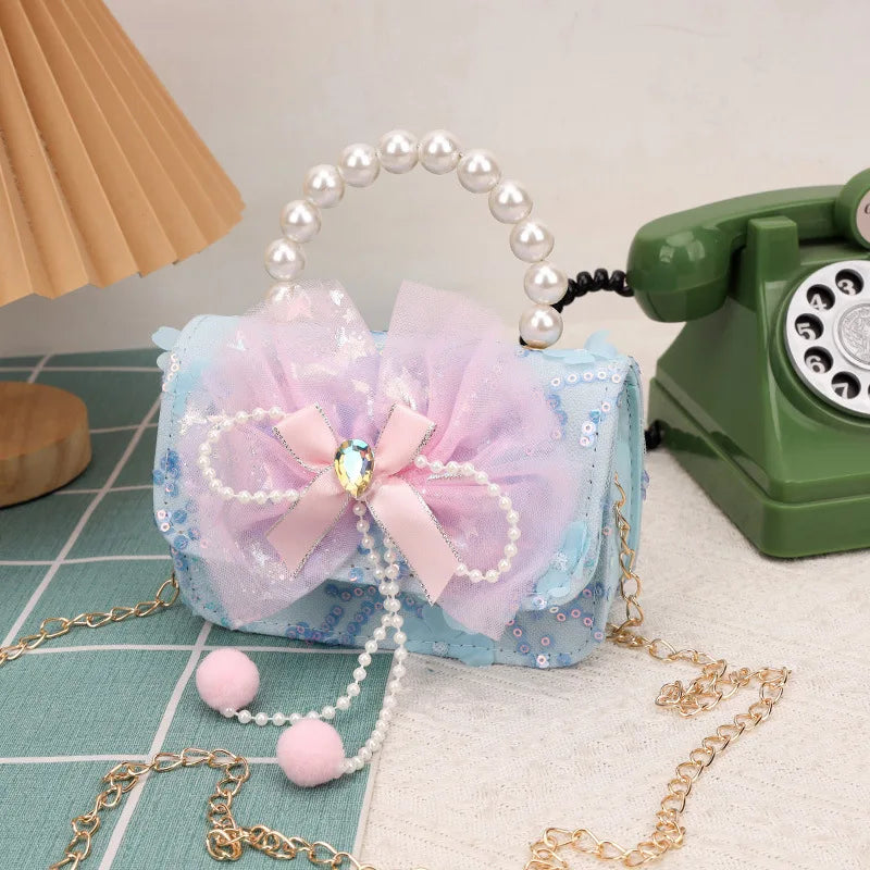 Cute Sequin Bow Kids Mini Square Shoulder Bags Versatile Children Chain Crossbody Bag Lace Girls Pearl Handbags Clutch Purse (Available)