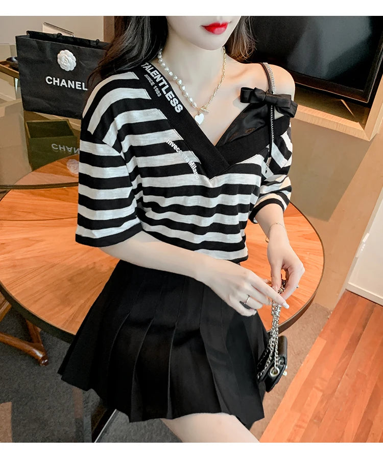 Unique Design oulder Bared ort Sve V-Ne Loose T-irt for Women  Knot Print Splice Asymmetrical Korean Sle