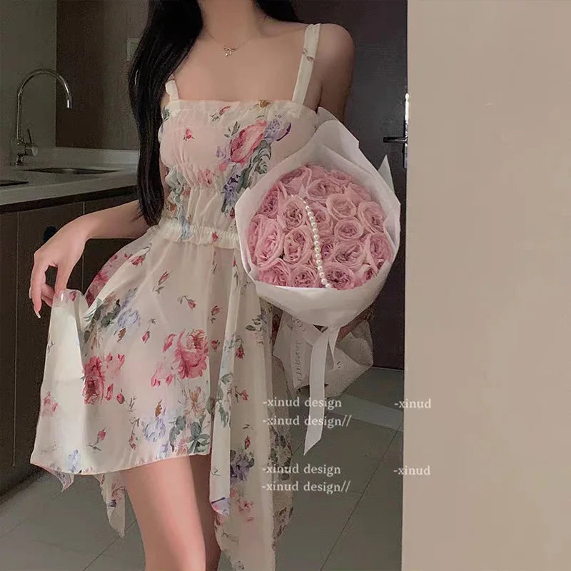 Hotsweet Style Flower Dress Chiffon Strap Temptation Sexy Elastic Waist Irregular Temperament Sweet Girl Perspective Dresses FJ8