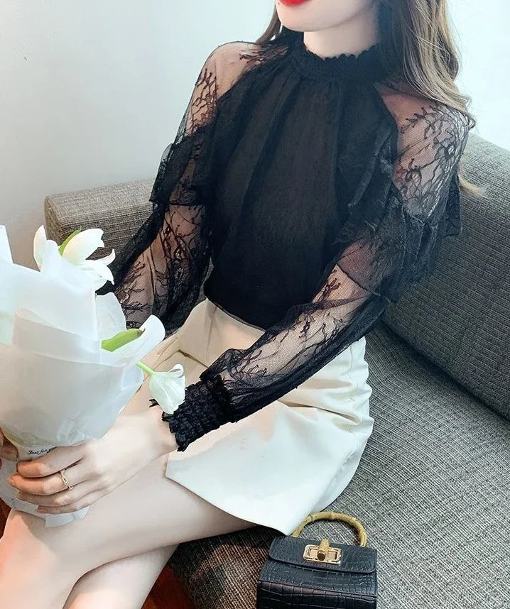 Chiffon Women's Shirt and Blouse Lace Flowers Luxury Designer Youthful Woman Clothes Vintage Clothing Female Tops Trend 2025 New