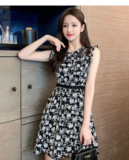 Neck Gauze Mesh Slim Sleeveless Floral Dress Women's New Style Spliced round