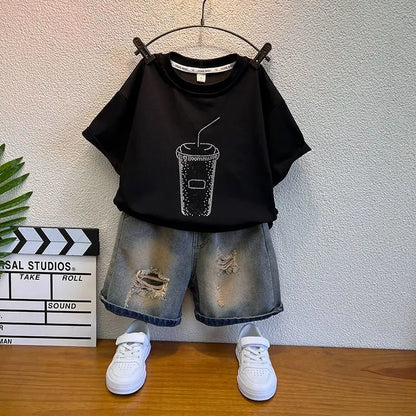 Korean Boys Summer Children's Top and Bottom 2PC Sets Short Sleeve T-Shirt & Denim Shorts Kids Clothes 1-7 Years Black Toddler