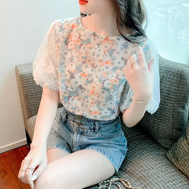 Floral Short-sleeved Chiffon Women's New Puff Sleeve Top Chic and Fashionable Shirt
