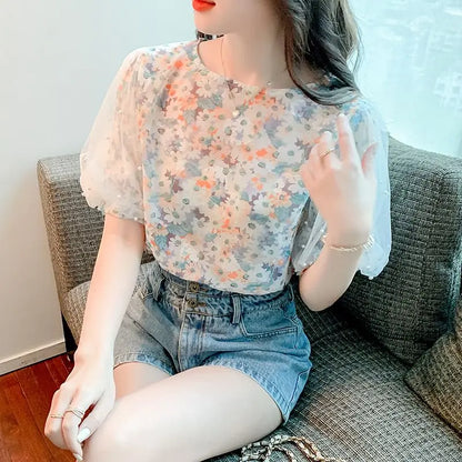 Floral Short-sleeved Chiffon Women's New Puff Sleeve Top Chic and Fashionable Shirt