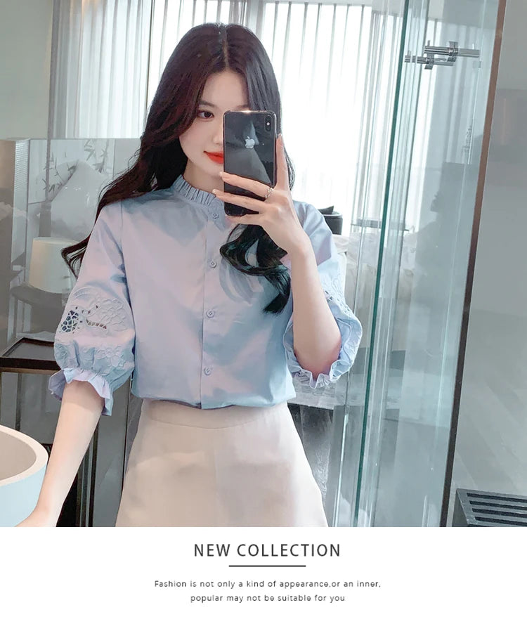 Ele Embroidered ort Sve irt Women's Summer New Design Korean Sle Commute Lantern Sve White irt for Ladies