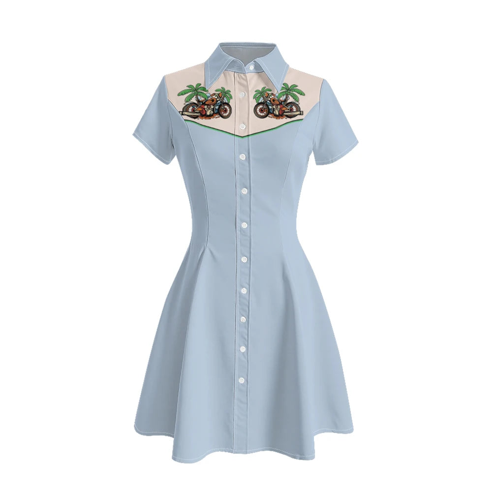 Women's Western Shirt Dress with Music Notes and Dolphin Print Cowboy Collar Button Up Pure Cotton Midi Dress Casual Boho Style