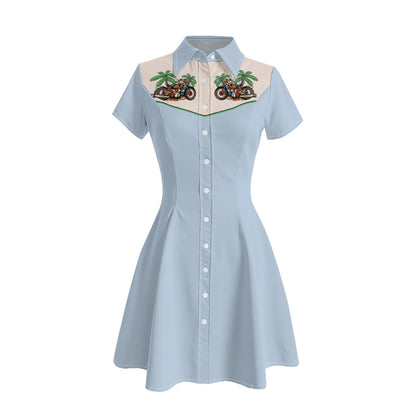 Women's Western Shirt Dress with Music Notes and Dolphin Print Cowboy Collar Button Up Pure Cotton Midi Dress Casual Boho Style