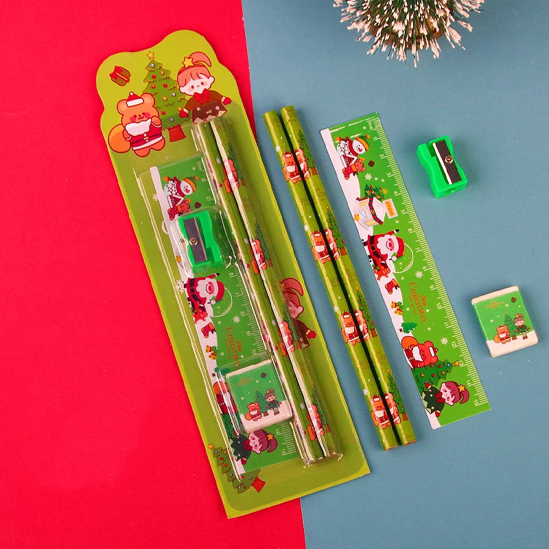 5pcs/Set Cute Cartoon Pencil Stationery Set Children Student Back To School Stationery Supplies Kawaii Kids Prize Christmas Gift
