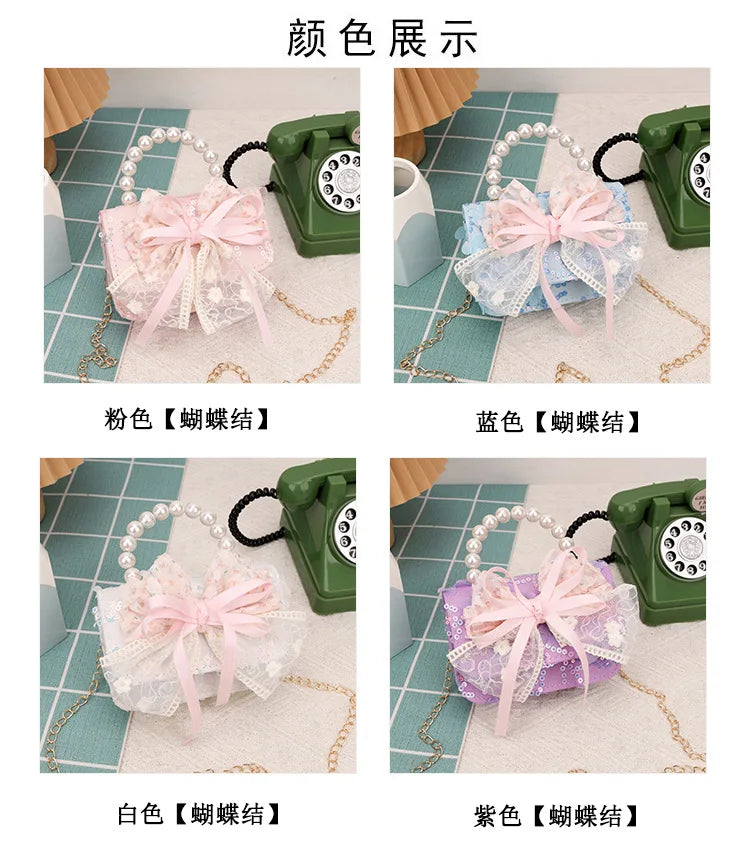 Cute Sequin Bow Kids Mini Square Shoulder Bags Versatile Children Chain Crossbody Bag Lace Girls Pearl Handbags Clutch Purse
