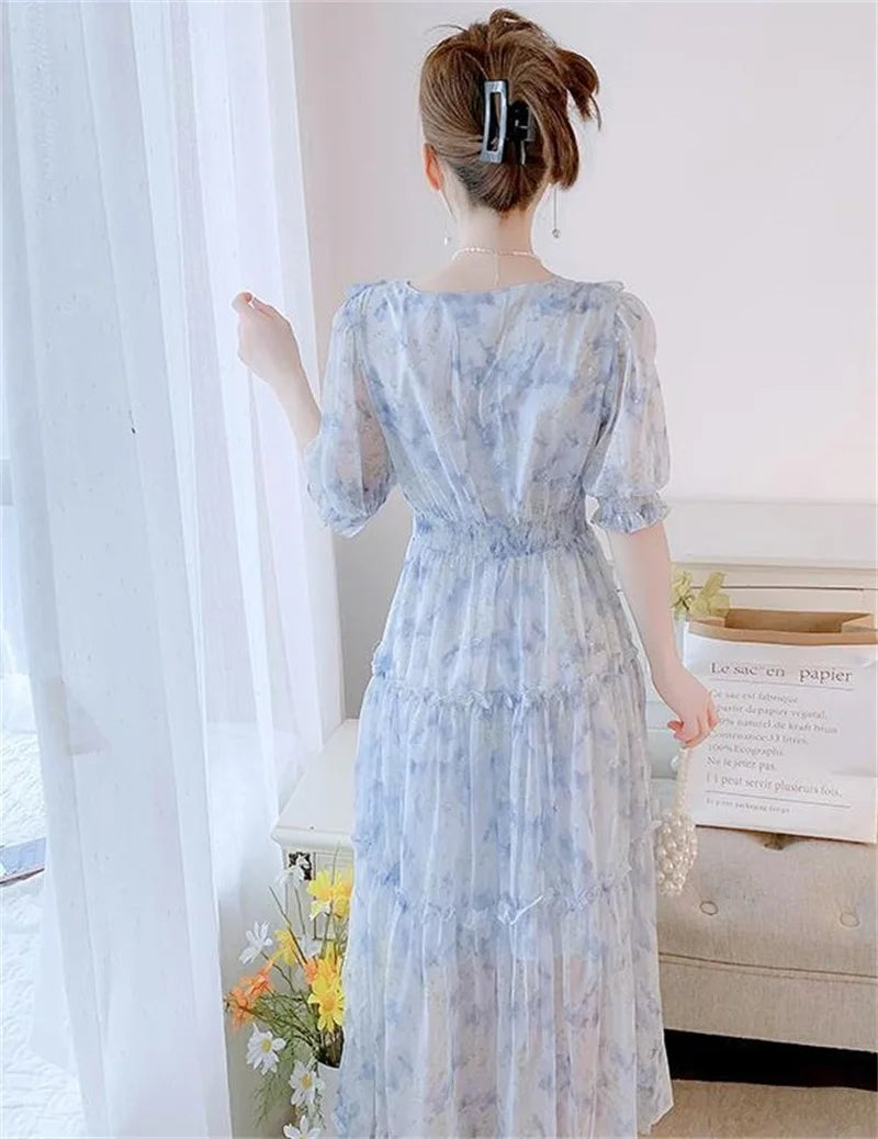 Boho Dress Women Floral Print Wrap Long Holiday Dress Ruffles Female Casual V-Neck Beach A Line Beach Dress Party Vestidos
