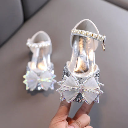 Girls Sandals Princess Single Shoes Rhinestone Butterfly Dance Kids Shoes Glitter Leather Party Dress Wedding Shoes E615