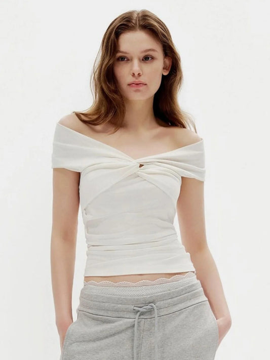 Faionable Pure Color Knot Fold over One oulder ort Crop Top T-irt Street Sle Slim Fit Polyester Summer New Arrival