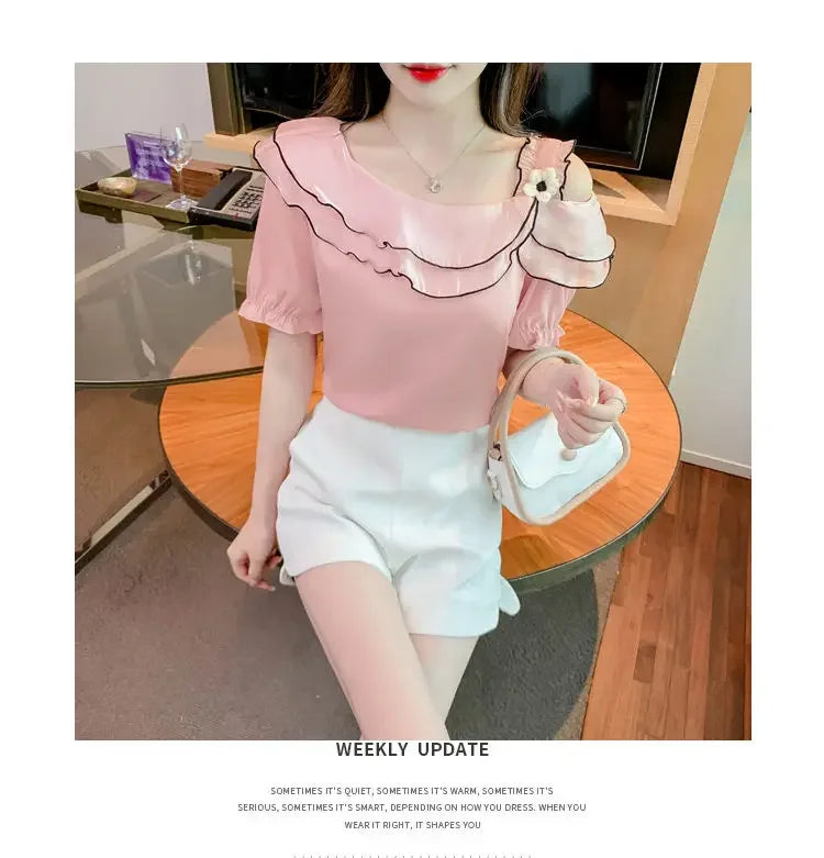 Sweet Slash Neck Off Shoulder Ruffles Blouses Female Clothing 2025 Summer New Loose Solid Color Korean Tops Puff Sleeve Shirts