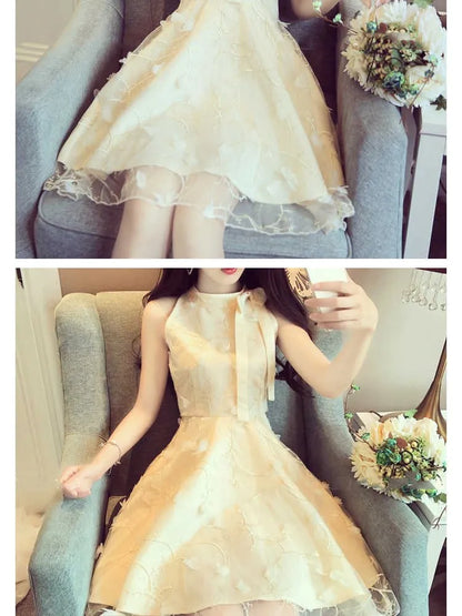 Elegant Floral Jacquard Embroidery Party Dress New Summer Women Tie Bow Mesh Dress Lady High Waist Short Sleeveless Tank Dresses
