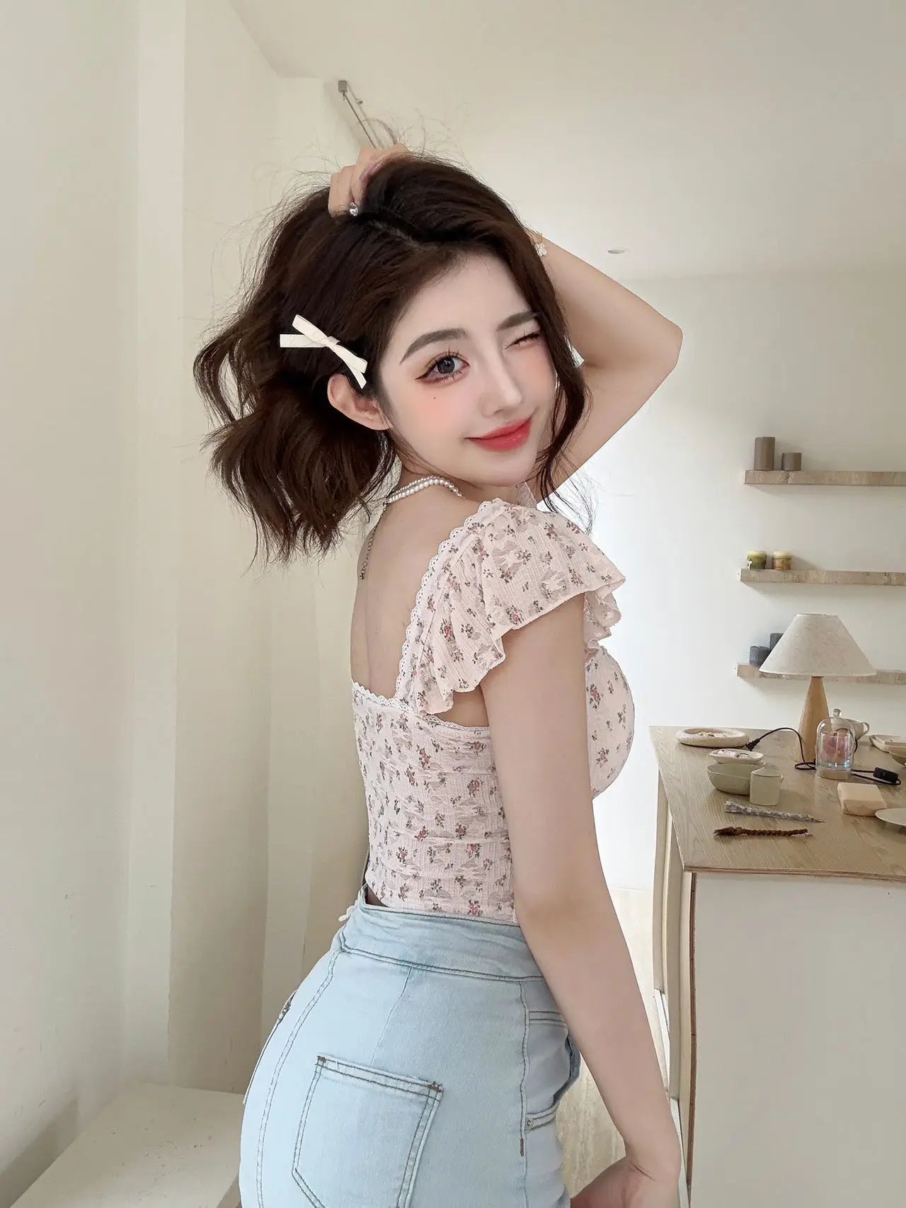 Summer New Pure Desire Sweet Floral Print off oulder Crop Top Slimming  with Chest Pad Versatile Women's Vest